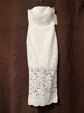 Strapless White Floral Lace Midi Dress